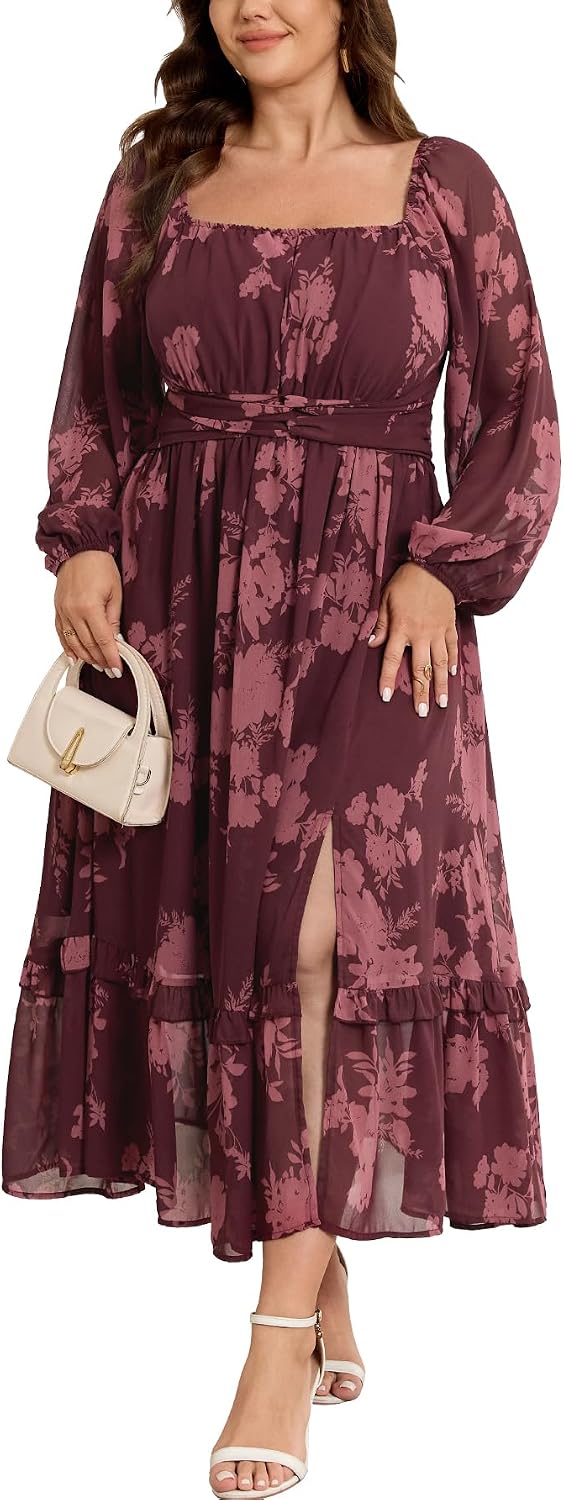 SCOMCHIC Women's Plus Size Fall Floral Wedding Guest Cocktail Maxi Dress | Square Neck, Long Sleeve, Smocked Back, Fit & Flare, Ruffle Hem A-Line, Side Slit, Long Chiffon Dress, Elegant Holiday Party