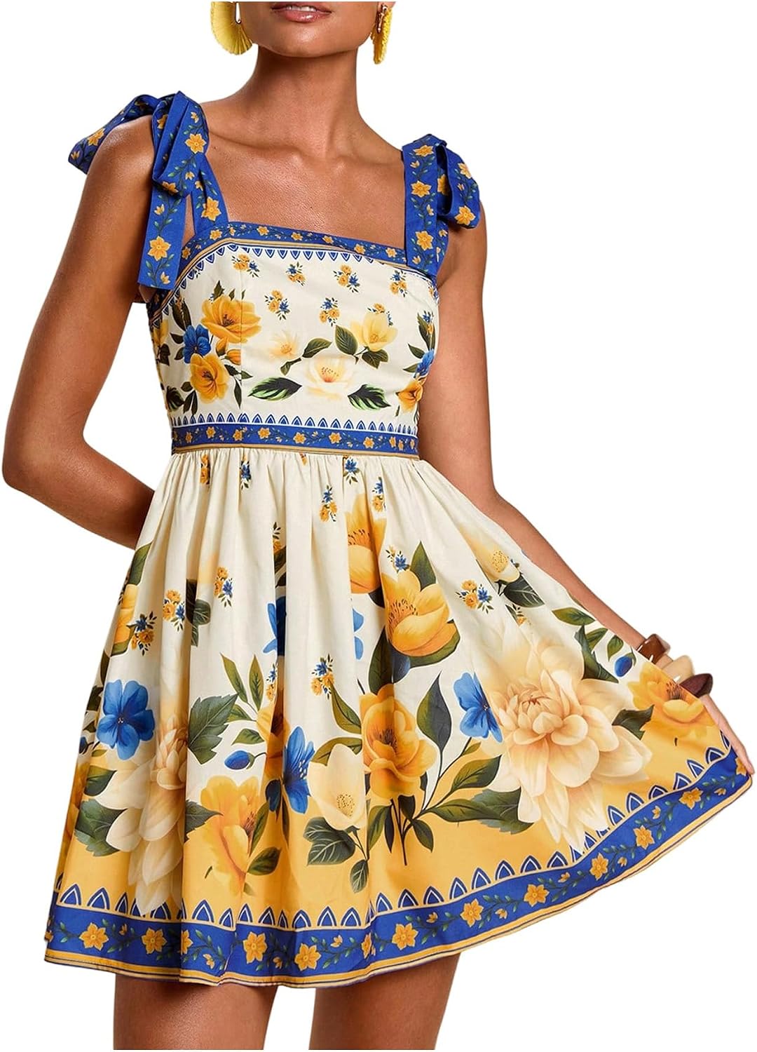 OYOANGLE Boho Dresses for Women Tropical Summer Dresses Mini Dress Sundress | Floral，Sleeveless，Tie Shoulder,Brunch Dress,Flowy Dress,Vacation Outfits，Hawaiian Dresses