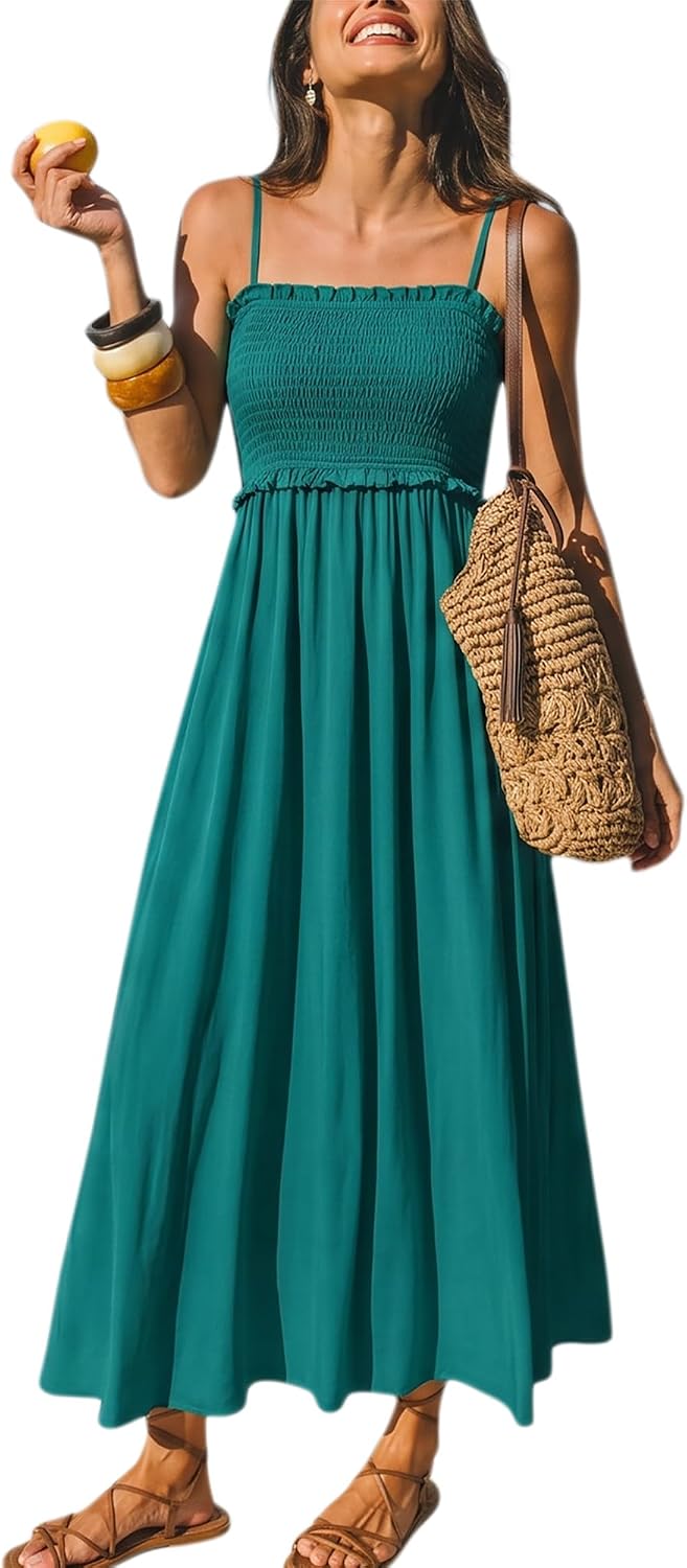 CUPSHE Women Maxi Summer Dress 2026 Floral Flowy Sundress | Spaghetti Straps Smocked Beachwear, Sleeveless, Empire Waist A Line Long Dresses, Boho Vacation Outfit, Fashion Clothes