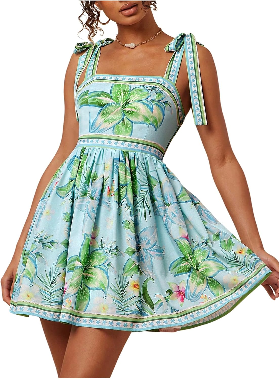 OYOANGLE Boho Dresses for Women Tropical Summer Dresses Mini Dress Sundress | Floral，Sleeveless，Tie Shoulder,Brunch Dress,Flowy Dress,Vacation Outfits，Hawaiian Dresses
