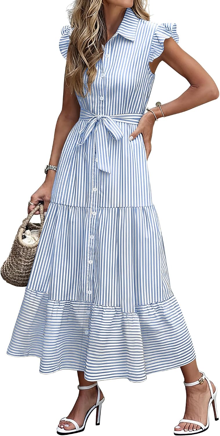 Caracilia Womens Summer Casual Ruffle Cap Sleeve Maxi Dress Button Down Striped Plaid Tie Waist Vacation Long Shirt Dresses