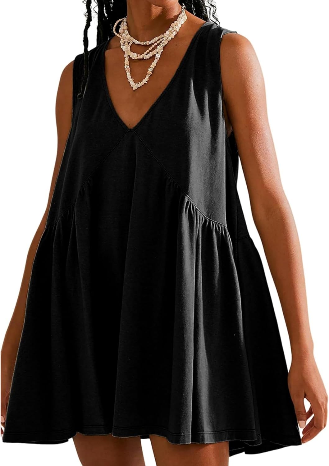 OPCAKM Women's V Neck Sleeveless Mini Dress Pleated Sundress | Soft Cotton Babydoll Summer Dresses,Flowy Swing Loose Fit for Casual Daily Wear,Party and Outdoor Activities