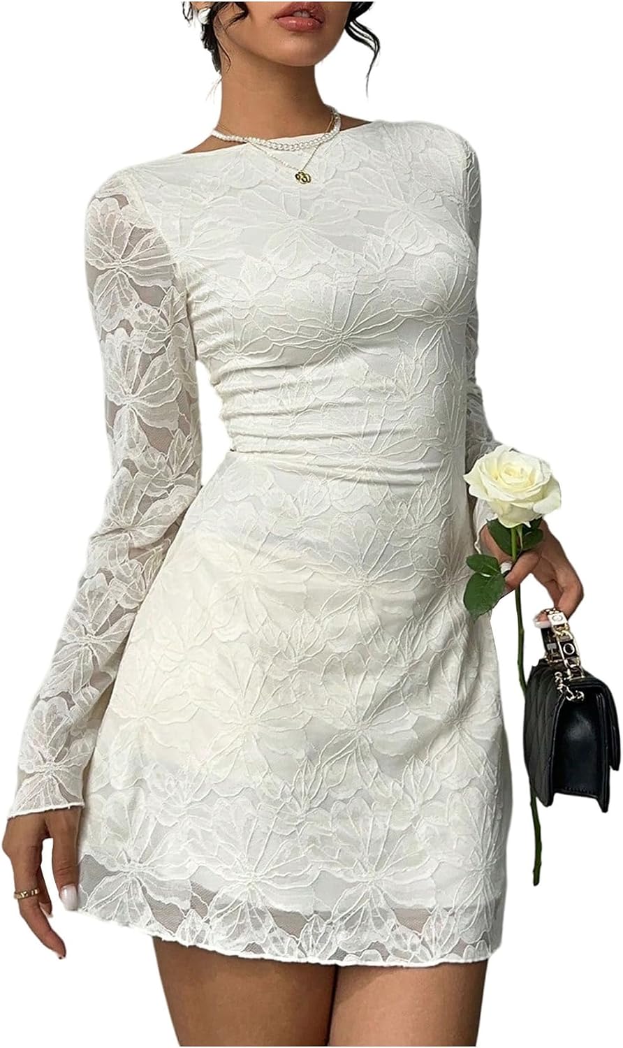 Verdusa Women's Floral Lace Mini Dress Tie Backless Fall Cocktail Dresses | Bell Long Sleeve, Formal Wedding Guest Dresses