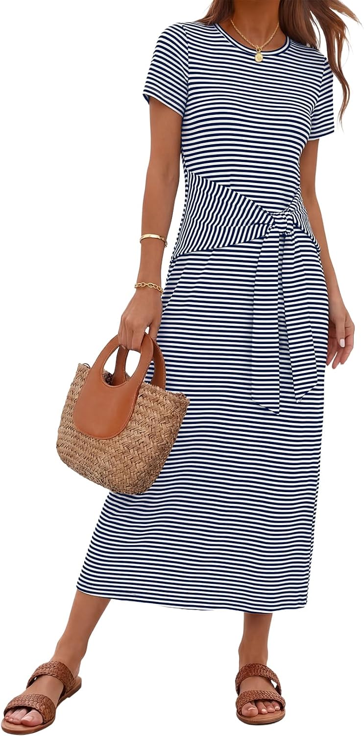 MEROKEETY Women's Summer T Shirt Casual Work Wrap Maxi Dresses | 2026 Fall, Tie Waist, Short Sleeve, Crew Neck, Business Casual, Beach Vacation, Slim Fit, High Waist, Elegant, Long Dress