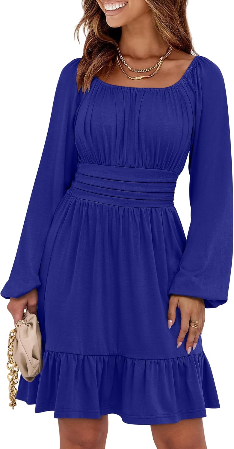 ANRABESS Women Long Lantern Sleeve Square Neck Fall Short Dress | Elastic Waist Belly Hide,Ruffle Flowy A-Line Mini Dress,Backless,Spring Summer Fashion Trendy,Cute Travel & Party Daily Wear