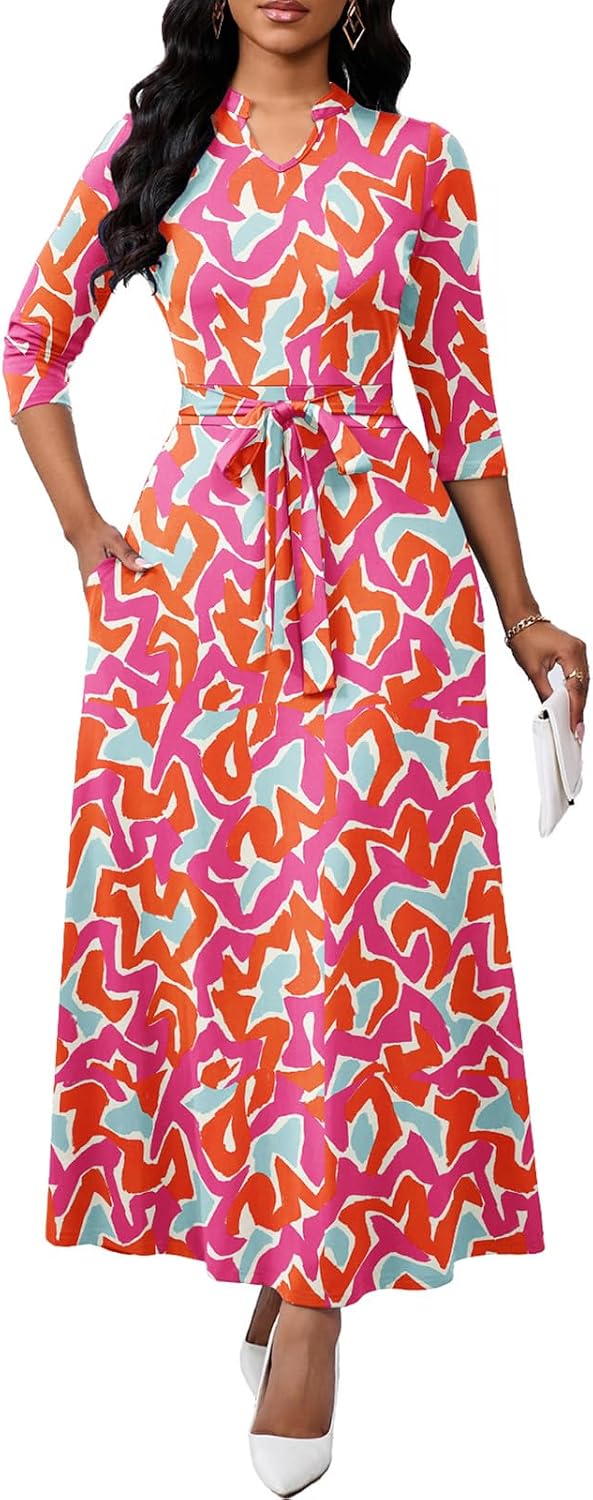BubFee Maxi Dresses for Women Semi Formal Long Dress 3\/4 Sleeve Casual A-line Church Dresses with Pockets