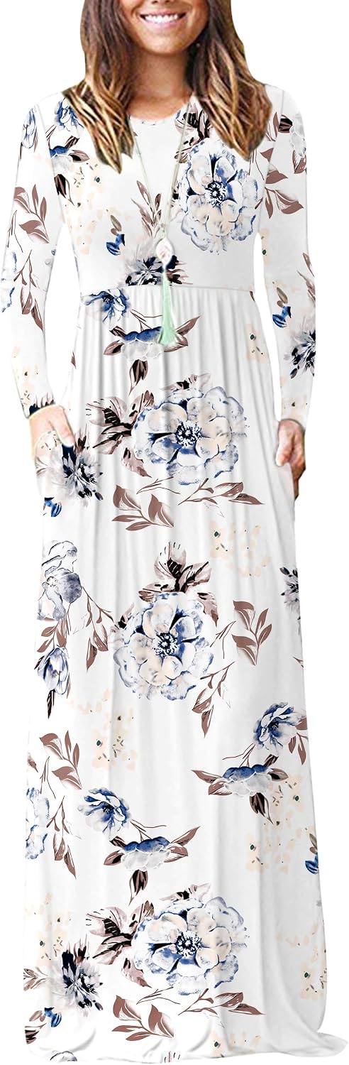 AUSELILY Womens Long Sleeve Maxi Dress Casual Empire Waist with Pockets | Versatile year round long dress for spring, fall, winter, available in floral prints and solids