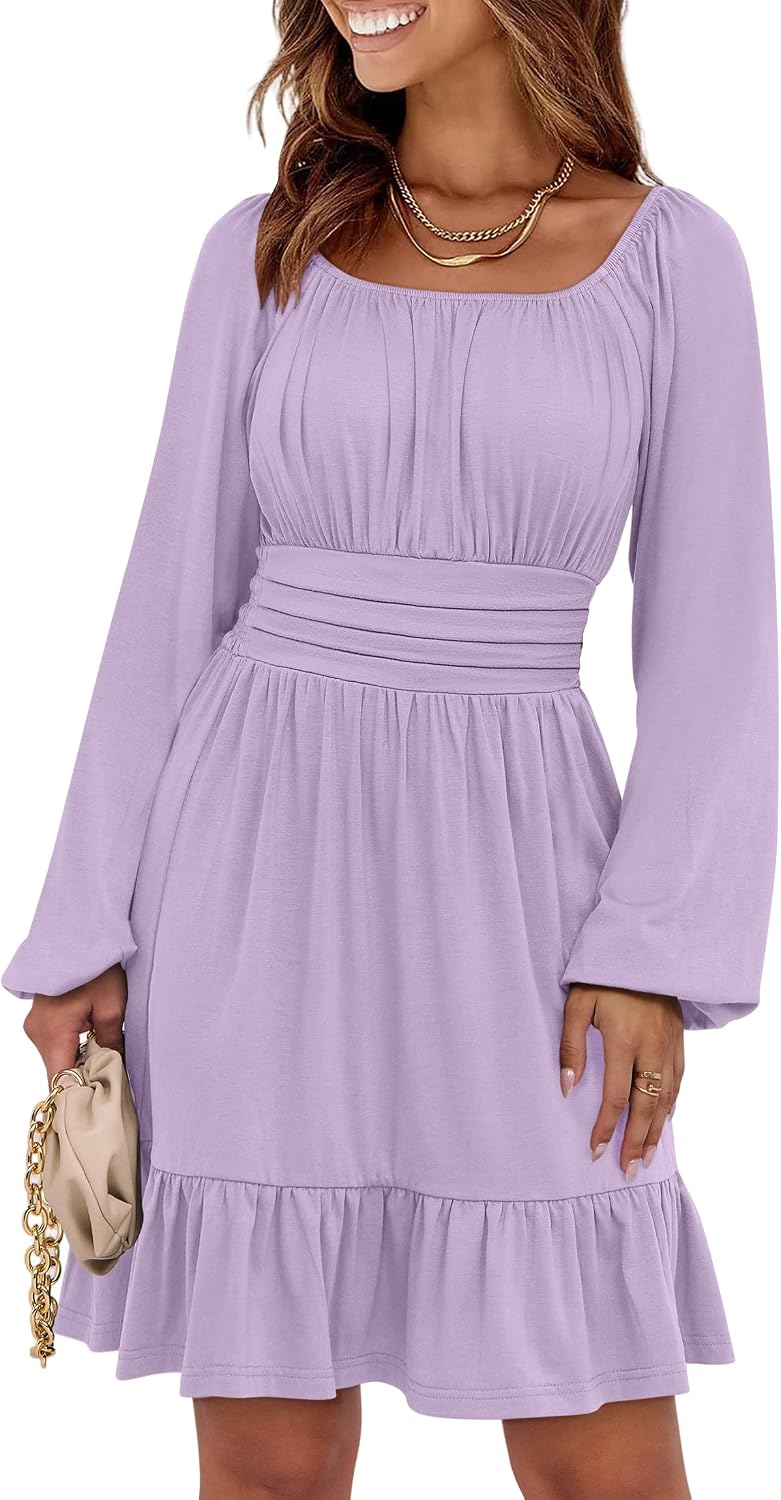ANRABESS Women Long Lantern Sleeve Square Neck Fall Short Dress | Elastic Waist Belly Hide,Ruffle Flowy A-Line Mini Dress,Backless,Spring Summer Fashion Trendy,Cute Travel & Party Daily Wear
