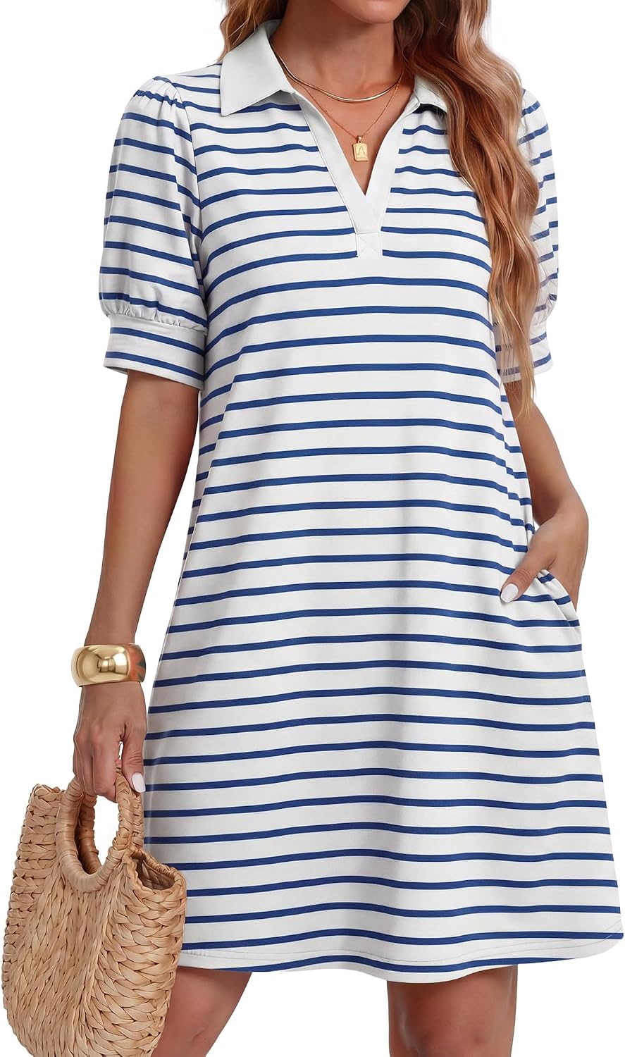 ZESICA Womens Summer Casual Striped T Shirt Mini Dress | Lapel V Neck, Short Sleeve, A-Line, Flowy Dress, Beach Vacation Dress