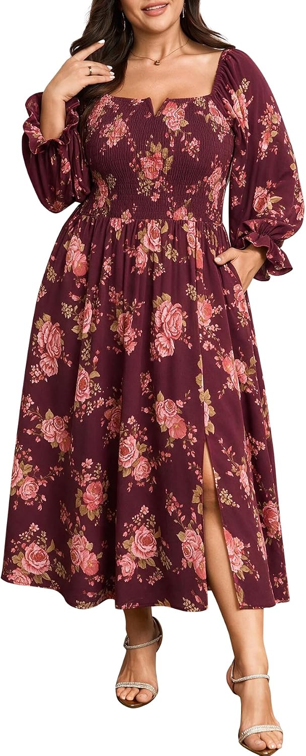 SCOMCHIC Womens Plus Size Casual Floral Maxi Dress | Ruffle Long Sleeve, Smocked, Square Neck, Empire Waist, A Line, Flowy, Split Long Dresses with Pockets for Fall, Spring