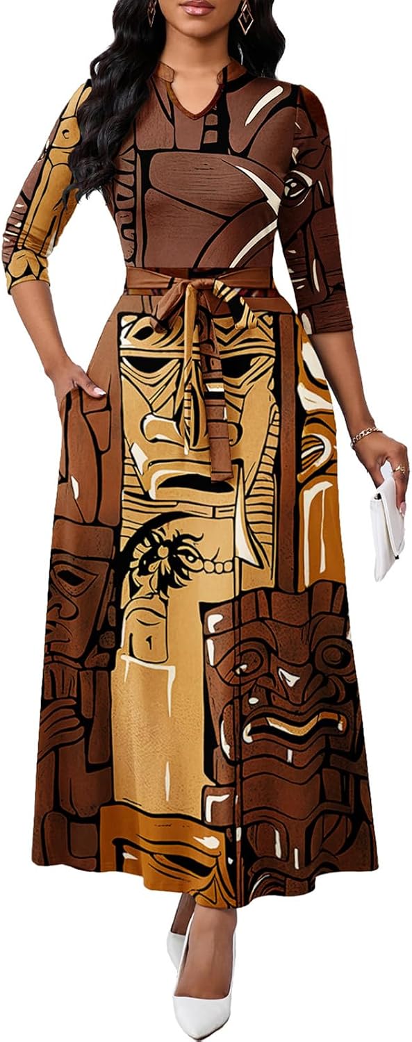 BubFee Maxi Dresses for Women Semi Formal Long Dress 3\/4 Sleeve Casual A-line Church Dresses with Pockets