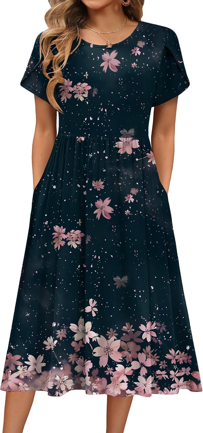 HOTOUCH Women's Summer A-Line Midi Dresses 2026 Casual Floral Short Sleeve T-Shirt Dress Flowy Beach Sundress with Pockets