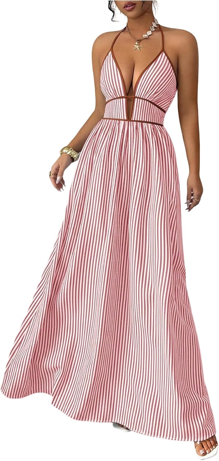 Floerns Women's Striped Halter Maxi Dress Backless Smocked Boho Dress | Striped, Halter Neck, Contrast Trim, Tropical Beach Vacation Outfits, Wedding Guest, Cute Maxi Dress