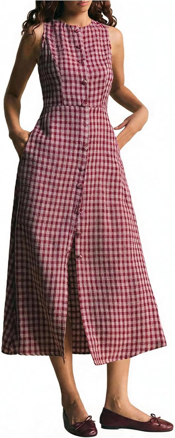 WDIRARA Women's Button Down Sleeveless Linen Midi Dress | Crew Neck, Tie Back, with Pockets, Vintage 60s, Office Work Dress