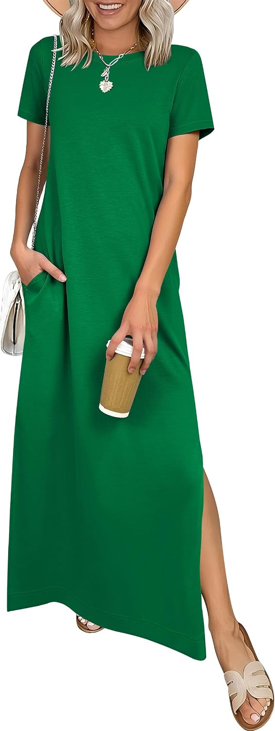 ANRABESS Womens Summer Maxi Dresses Wrinkle Free with Pockets | Air Layer Fabric, Short Sleeve Casual Travel Beach Vacation Long Dress, Crewneck Split, Comfort Work All-Day Wear Sundress