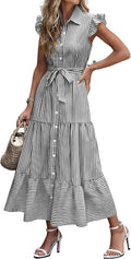 Caracilia Womens Summer Casual Ruffle Cap Sleeve Maxi Dress Button Down Striped Plaid Tie Waist Vacation Long Shirt Dresses