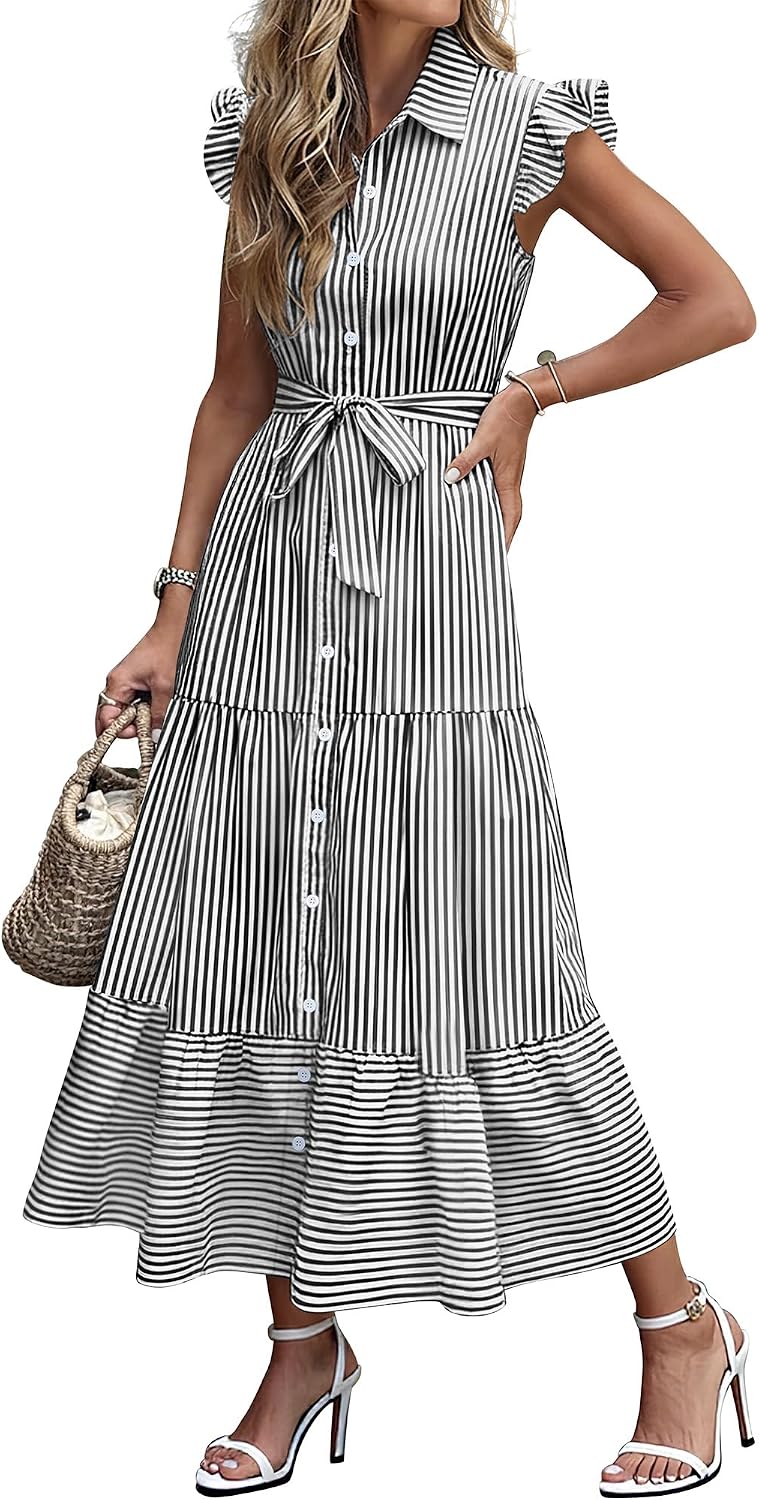 Caracilia Womens Summer Casual Ruffle Cap Sleeve Maxi Dress Button Down Striped Plaid Tie Waist Vacation Long Shirt Dresses