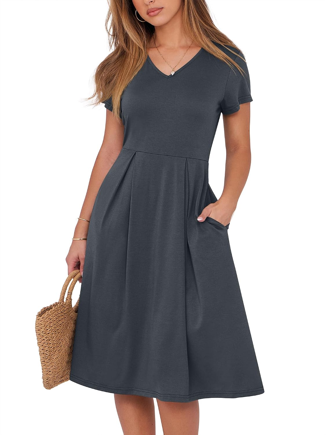 ANRABESS Women Summer Casual Short Sleeve A Line Midi Dresses with Pocket | V Neck Knee Length Pleated Flowy Slim Fit, Casual Business Office Work Teacher Wear, Church Funeral Wedding Guest Outfits