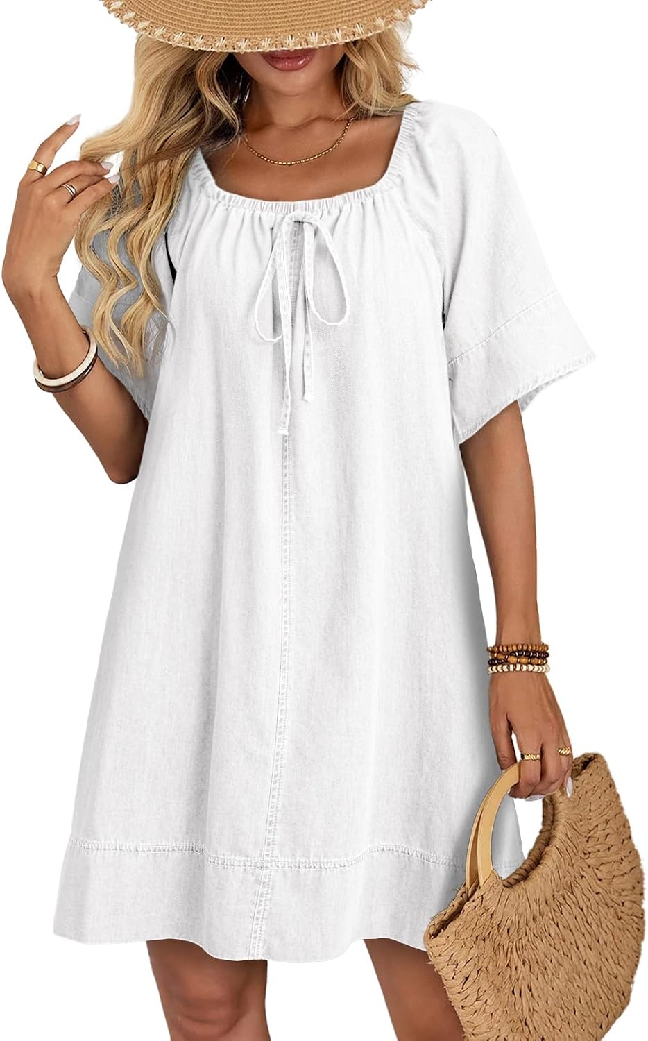 Dokotoo Women's Denim Dress Lightweight Flowy Tie Knot Cotton Jean Dress | Square Neck,Flare Sleeve,Babydoll Dress,Trendy,Casual,Elegant,A-Line,Summer Outfit,Loose,Mini Dress