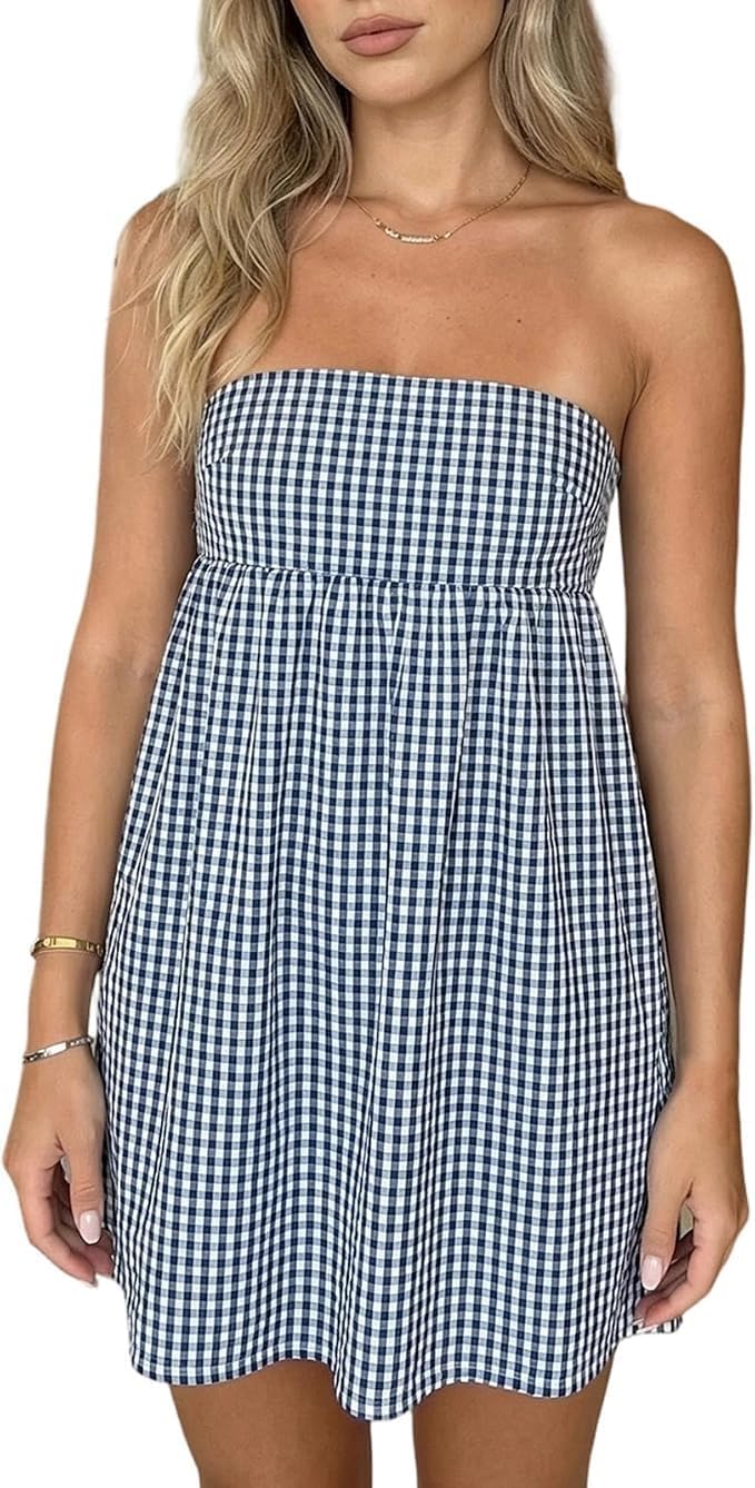Women Strapless Gingham Tube Top Dress Summer Plaid Tie Back Mini Sundress | Backless Bandeau Dress, Ruffle Trim Flowy A-Line Short Dress, Gingham Babydooll Mini Dress with Pockets for Beach Vacation