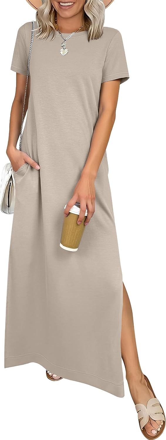 ANRABESS Womens Summer Maxi Dresses Wrinkle Free with Pockets | Air Layer Fabric, Short Sleeve Casual Travel Beach Vacation Long Dress, Crewneck Split, Comfort Work All-Day Wear Sundress