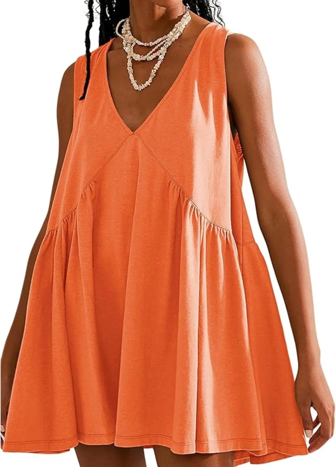 OPCAKM Women's V Neck Sleeveless Mini Dress Pleated Sundress | Soft Cotton Babydoll Summer Dresses,Flowy Swing Loose Fit for Casual Daily Wear,Party and Outdoor Activities
