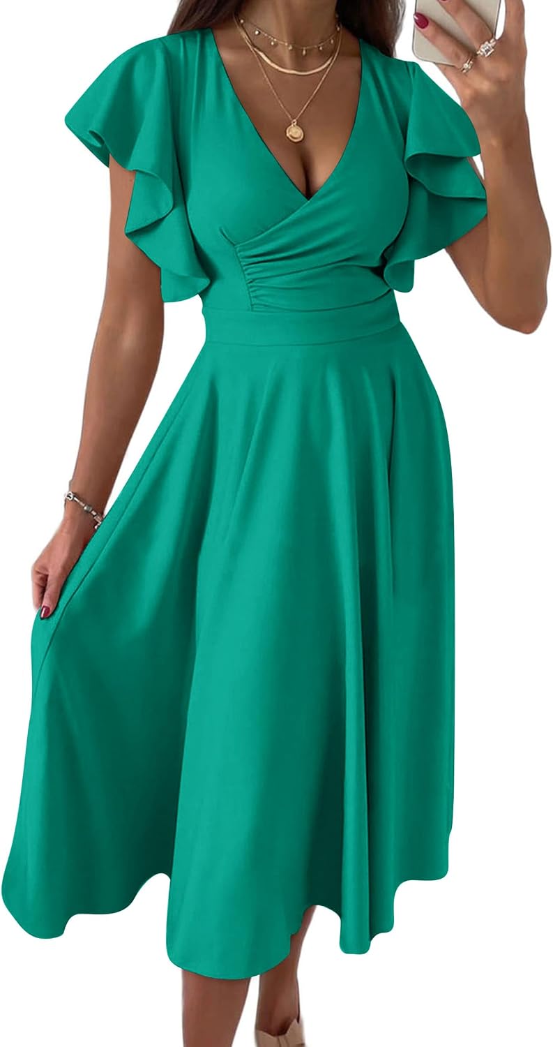 PRETTYGARDEN Women's Wrap V Neck Midi Summer Dresses | Ruffled Flutter Sleeves, Flowy Pleated A Line, High Waist, Elegant Spring Dress for Wedding Guest, Cocktail Party, Date Night