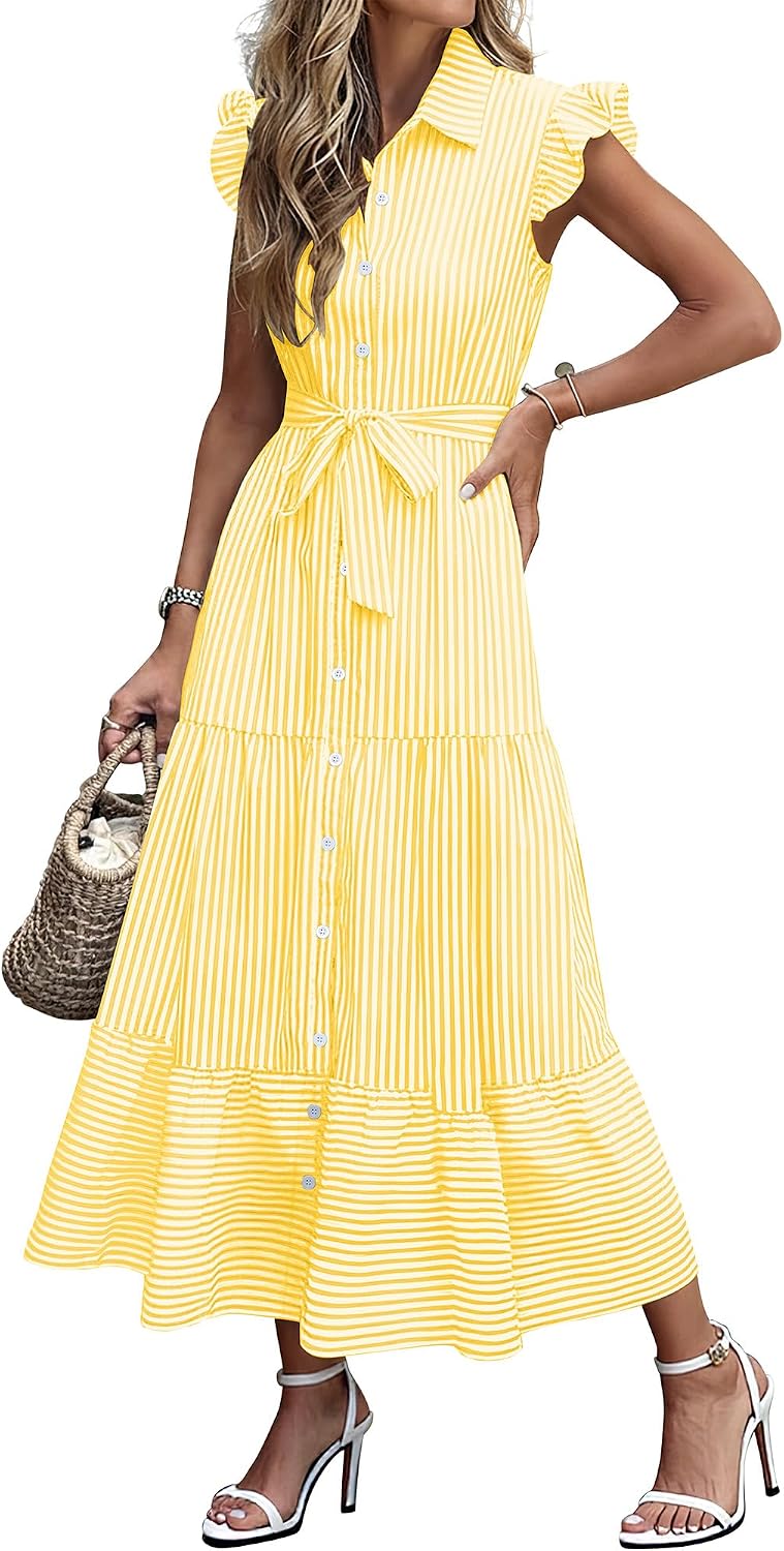 Caracilia Womens Summer Casual Ruffle Cap Sleeve Maxi Dress Button Down Striped Plaid Tie Waist Vacation Long Shirt Dresses