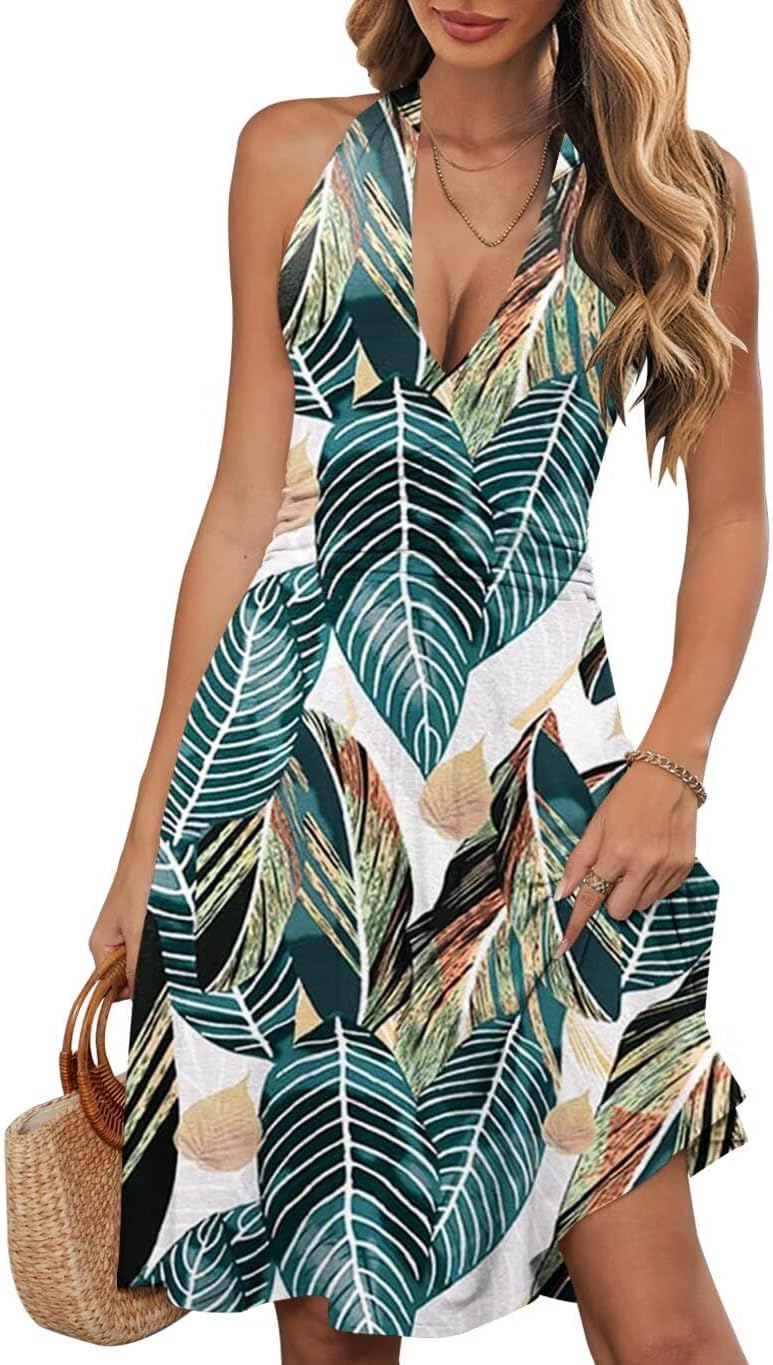Wkior Womens Summer Halter Neck Sundress with Pocket | Sleeveless Backless Dress, Waist Ruched, Floral Boho Style, Beach Vacation Travel Outfit, Daily Casual Clothes
