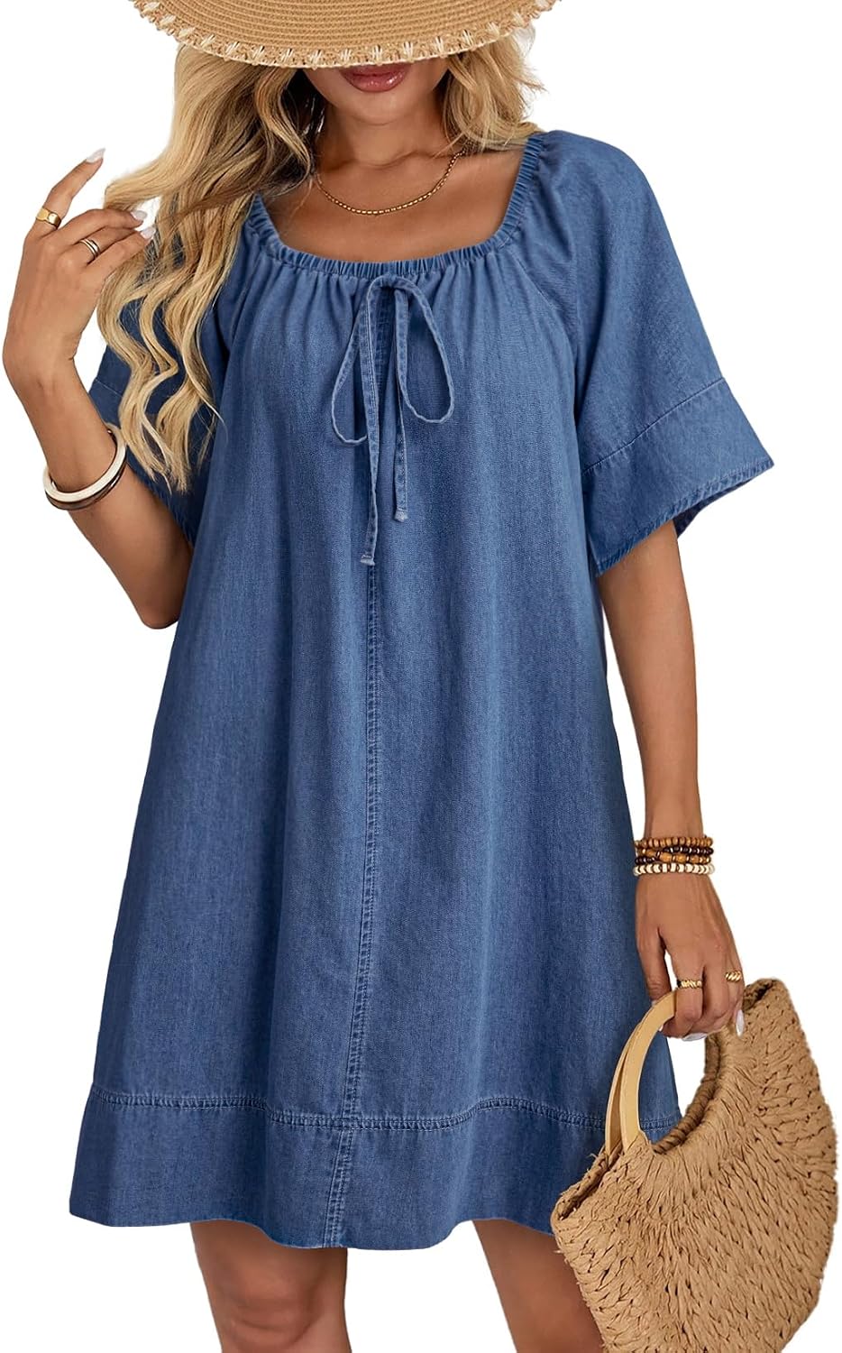 Dokotoo Women's Denim Dress Lightweight Flowy Tie Knot Cotton Jean Dress | Square Neck,Flare Sleeve,Babydoll Dress,Trendy,Casual,Elegant,A-Line,Summer Outfit,Loose,Mini Dress