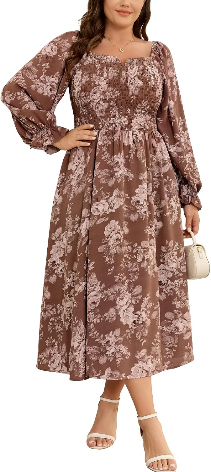 SCOMCHIC Womens Plus Size Casual Floral Maxi Dress | Ruffle Long Sleeve, Smocked, Square Neck, Empire Waist, A Line, Flowy, Split Long Dresses with Pockets for Fall, Spring
