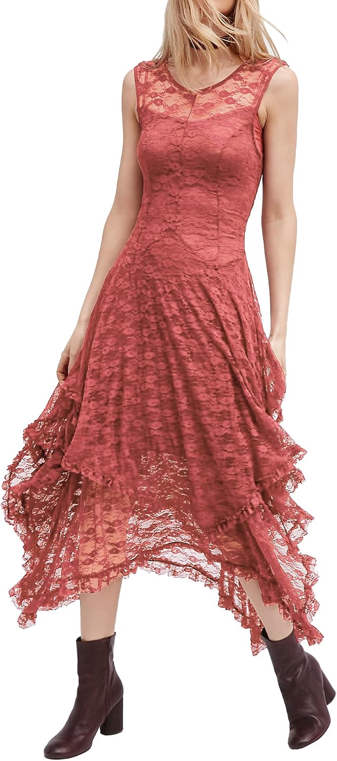 R.Vivimos Womens Lace Long Dress with Slip Two Pieces | Sleeveless, Backless, Asymmetrical Layered Hem, Beach, Vacation, Wedding, Cocktail, Party Outfits