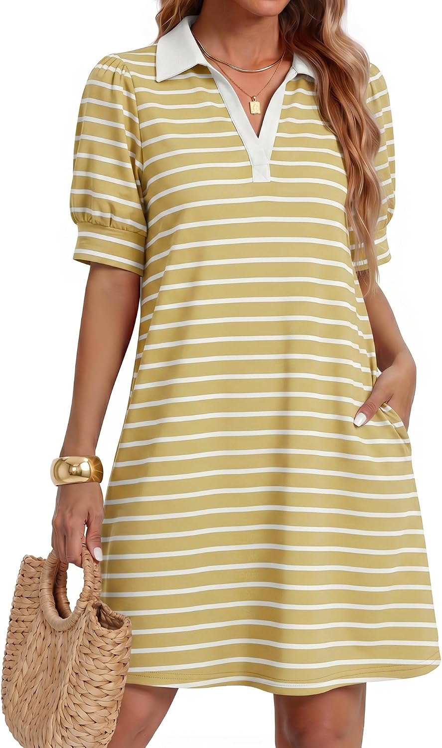 ZESICA Womens Summer Casual Striped T Shirt Mini Dress | Lapel V Neck, Short Sleeve, A-Line, Flowy Dress, Beach Vacation Dress
