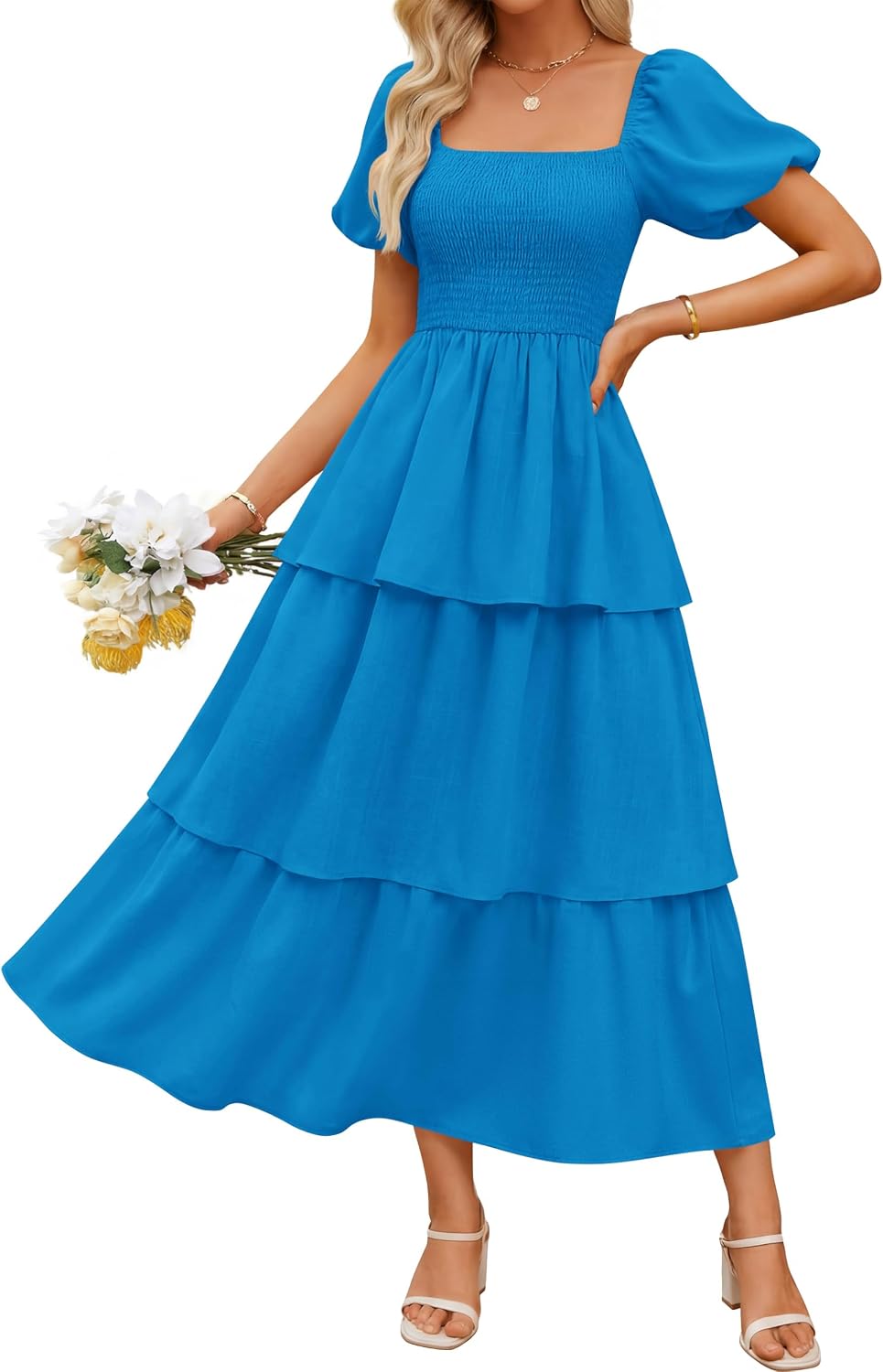 ZESICA Womens Summer Short Puff Sleeve Flowy Tiered Midi Dress | Square Neck, Backless, Swing A Line, High Waist, 2026 Boho Trendy, Dressy Casual Beach Vacation, Wedding Guest Cocktail Party