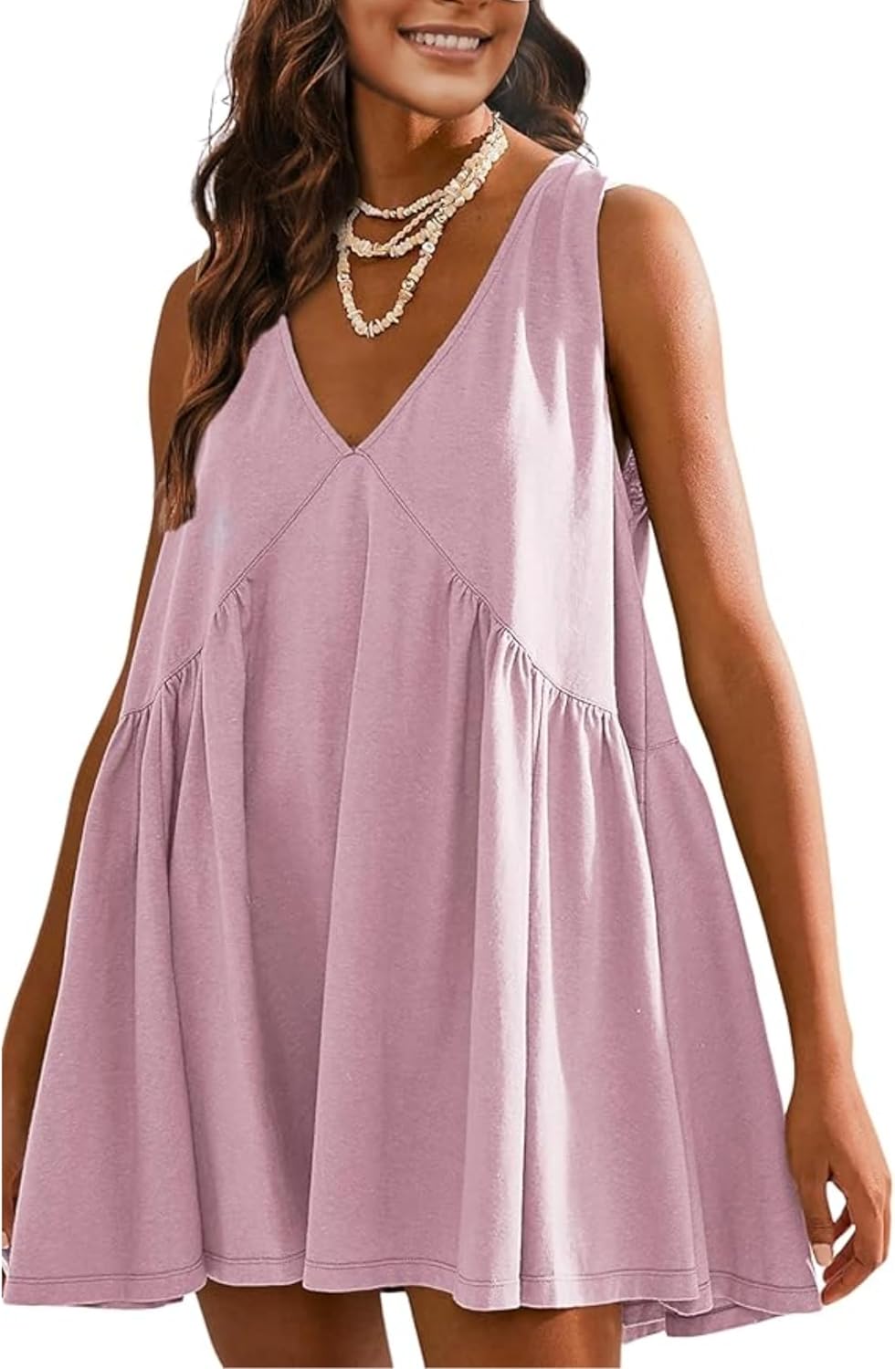 OPCAKM Women's V Neck Sleeveless Mini Dress Pleated Sundress | Soft Cotton Babydoll Summer Dresses,Flowy Swing Loose Fit for Casual Daily Wear,Party and Outdoor Activities