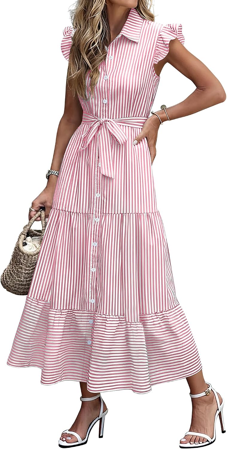 Caracilia Womens Summer Casual Ruffle Cap Sleeve Maxi Dress Button Down Striped Plaid Tie Waist Vacation Long Shirt Dresses