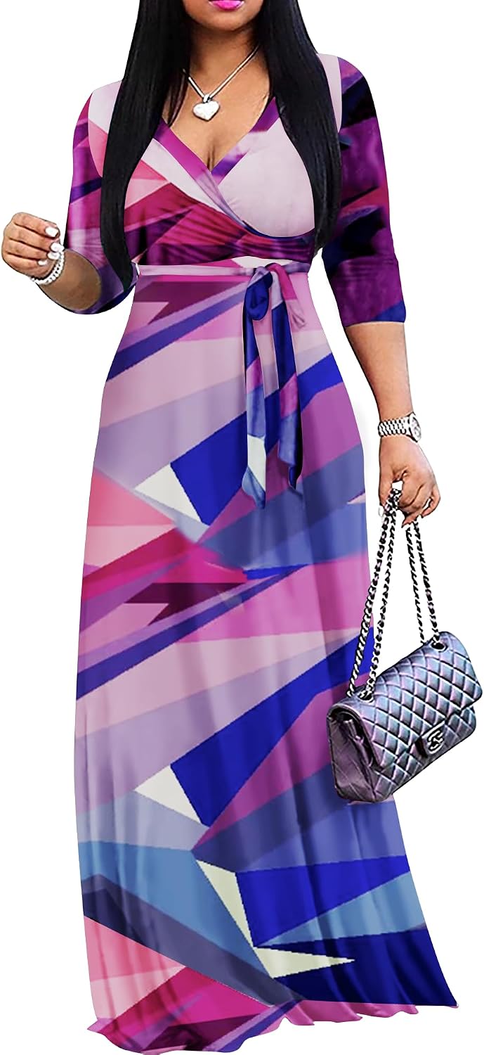 FANDEE Plus Size Maxi Dress for Women - Summer Long Dresses Casual | Women's Curvy Fit Long Dress, Semi\u2011Formal Print Fitted Wrap Dress with Pockets & Belt, 3\/4-Sleeve V-Neck