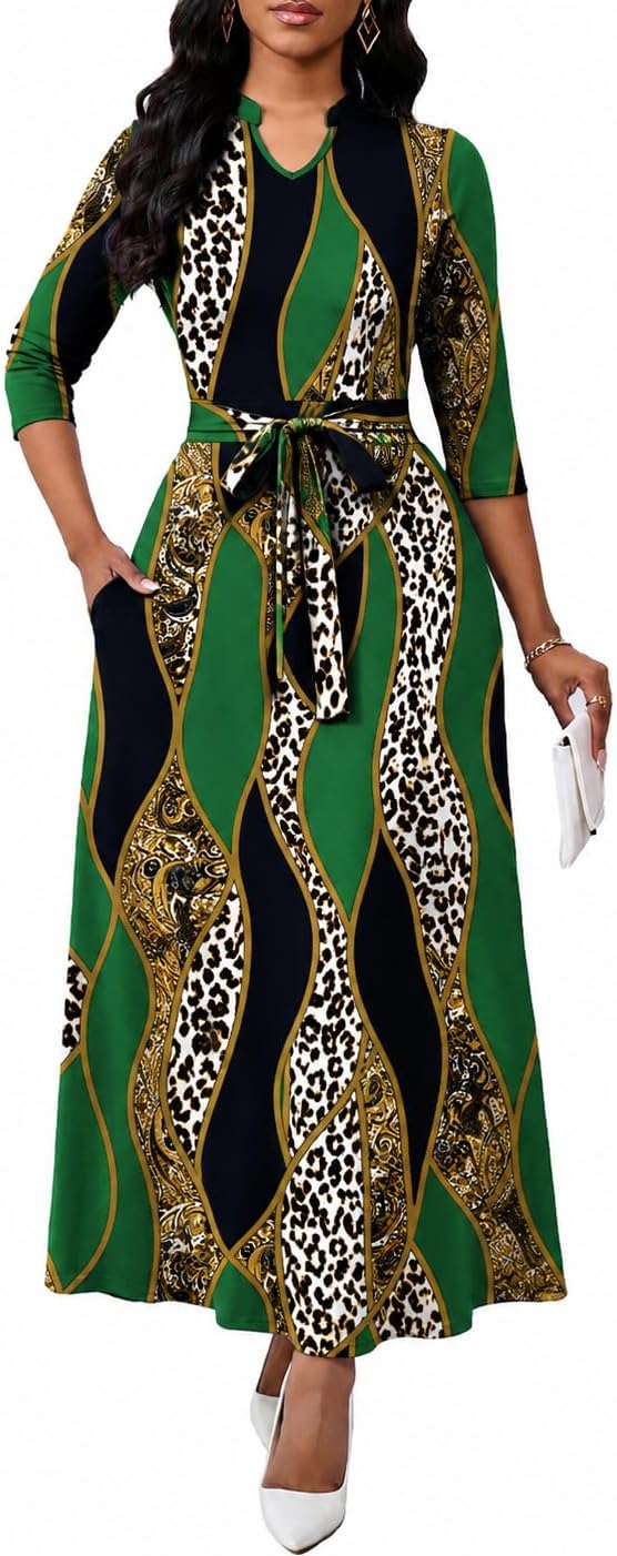 BubFee Maxi Dresses for Women Semi Formal Long Dress 3\/4 Sleeve Casual A-line Church Dresses with Pockets