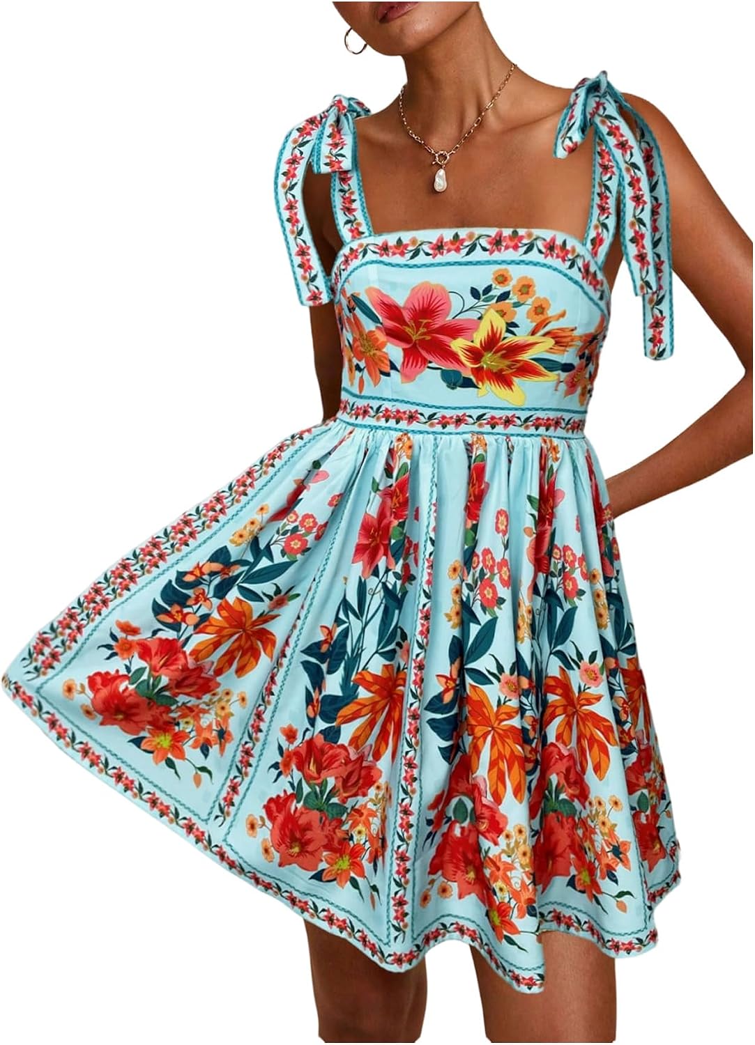 OYOANGLE Boho Dresses for Women Tropical Summer Dresses Mini Dress Sundress | Floral，Sleeveless，Tie Shoulder,Brunch Dress,Flowy Dress,Vacation Outfits，Hawaiian Dresses