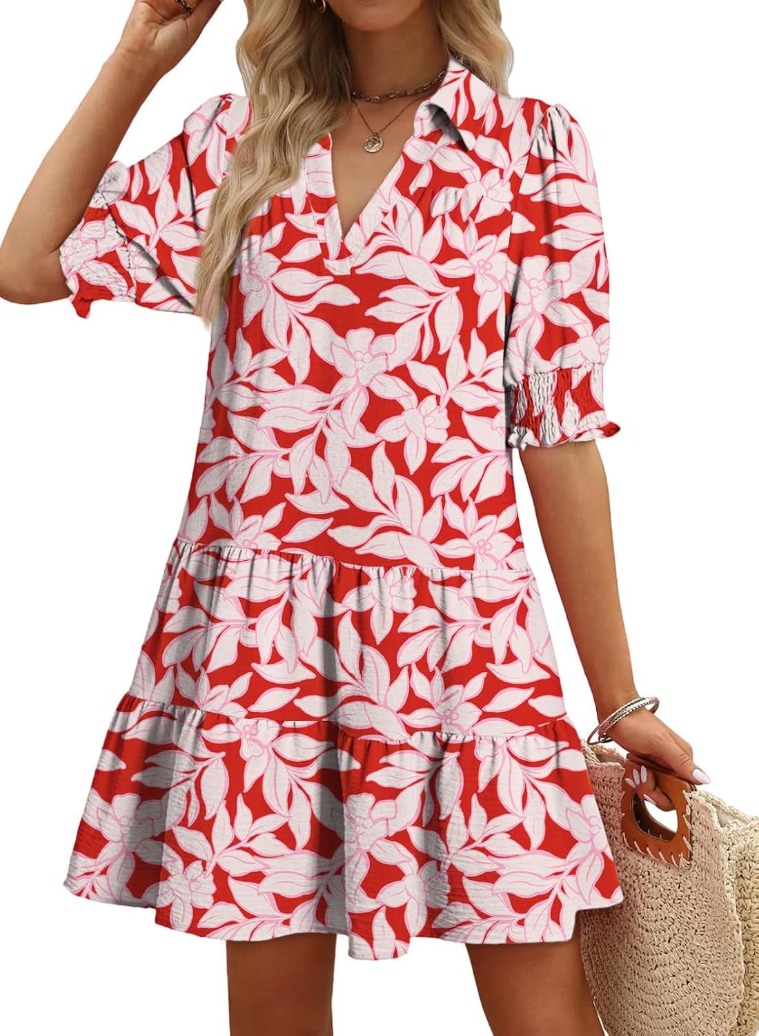 Dokotoo Casual Dresses Lapel Collared Pleated 2026 Midi Summer Dresses | Summer Fall Outfits,V Neck,Lapel Collared,Mid Sleeved,Boho Sundress,Baby Doll Dresses,Vacation,with Pockets,Loose Fit