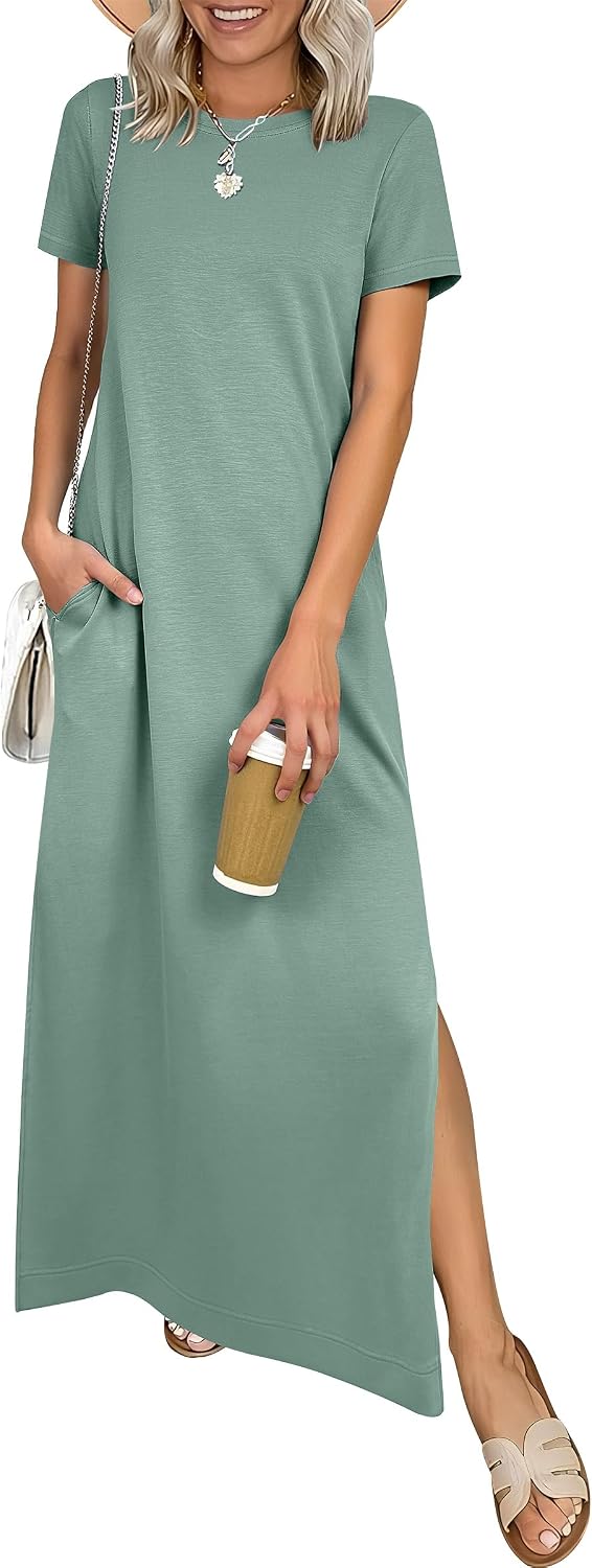 ANRABESS Womens Summer Maxi Dresses Wrinkle Free with Pockets | Air Layer Fabric, Short Sleeve Casual Travel Beach Vacation Long Dress, Crewneck Split, Comfort Work All-Day Wear Sundress