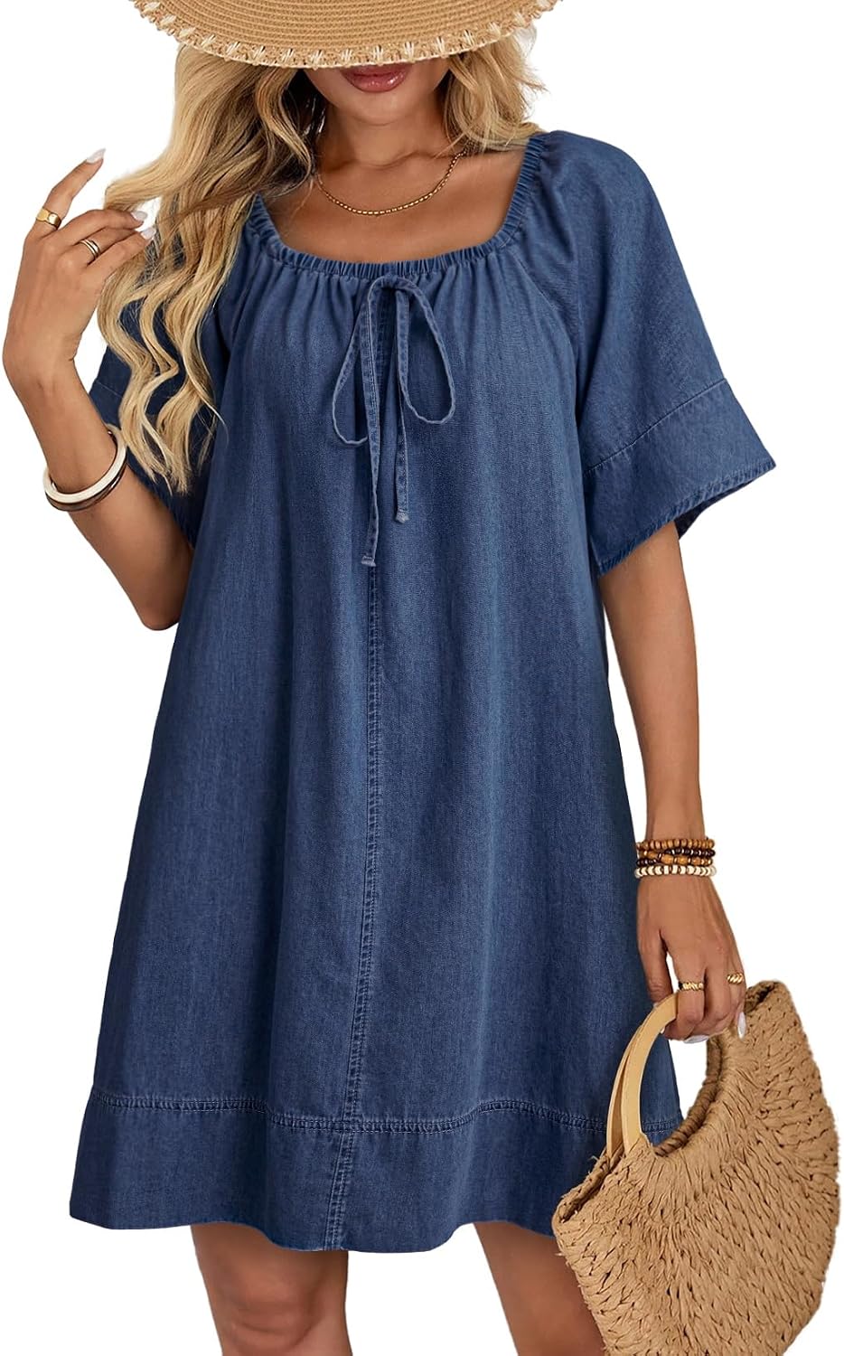 Dokotoo Women's Denim Dress Lightweight Flowy Tie Knot Cotton Jean Dress | Square Neck,Flare Sleeve,Babydoll Dress,Trendy,Casual,Elegant,A-Line,Summer Outfit,Loose,Mini Dress