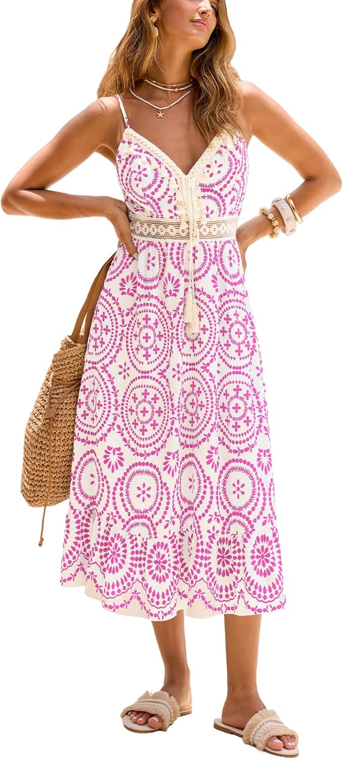 CUPSHE Women Summer Midi Dresses 2026 Boho Sleeveless Sundress | Sleeveless Spaghetti Straps Dress, Tassel, Crochet Lace Waist, Beach Vacation Resort Wear, Daily Casual, Spring, Travel Trip