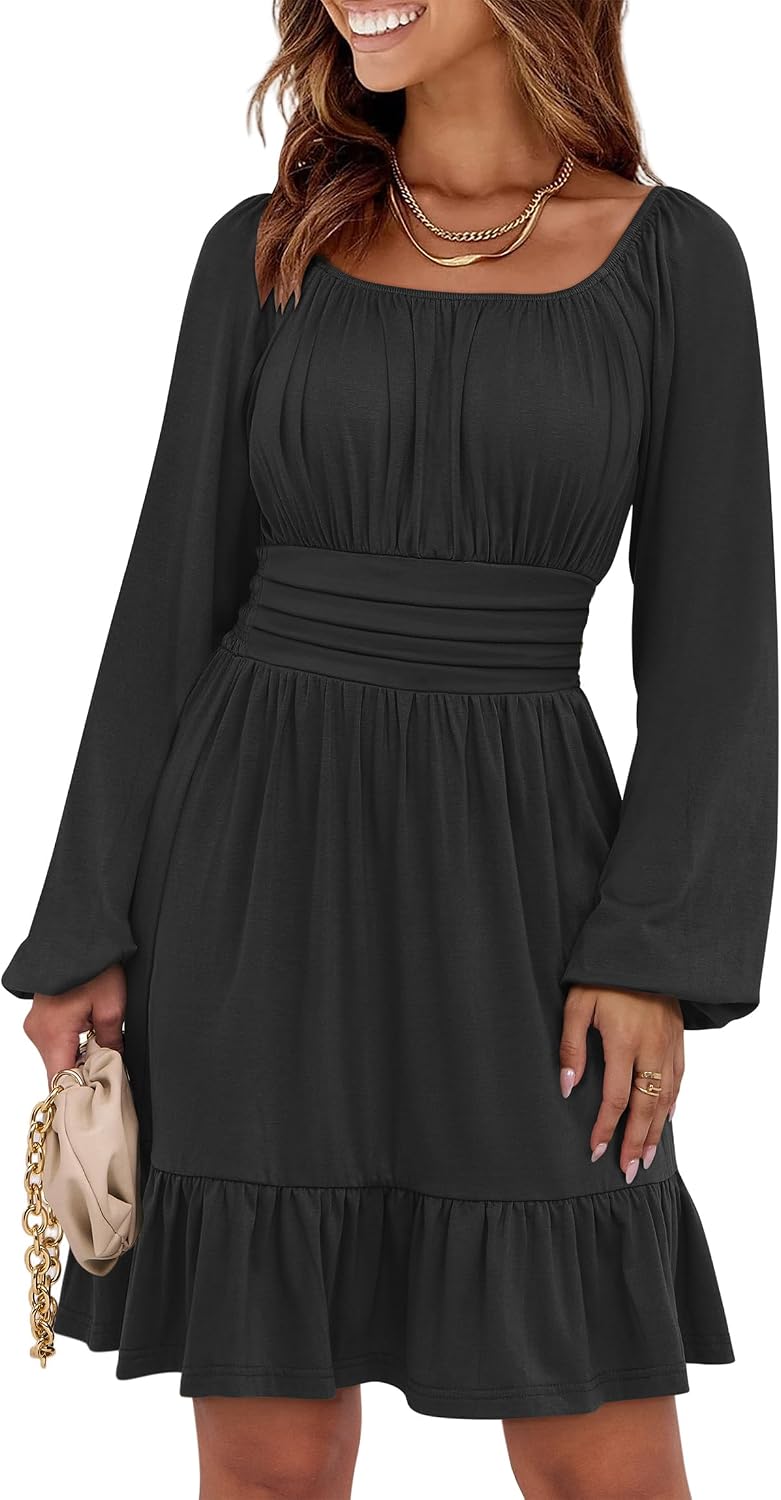 ANRABESS Women Long Lantern Sleeve Square Neck Fall Short Dress | Elastic Waist Belly Hide,Ruffle Flowy A-Line Mini Dress,Backless,Spring Summer Fashion Trendy,Cute Travel & Party Daily Wear