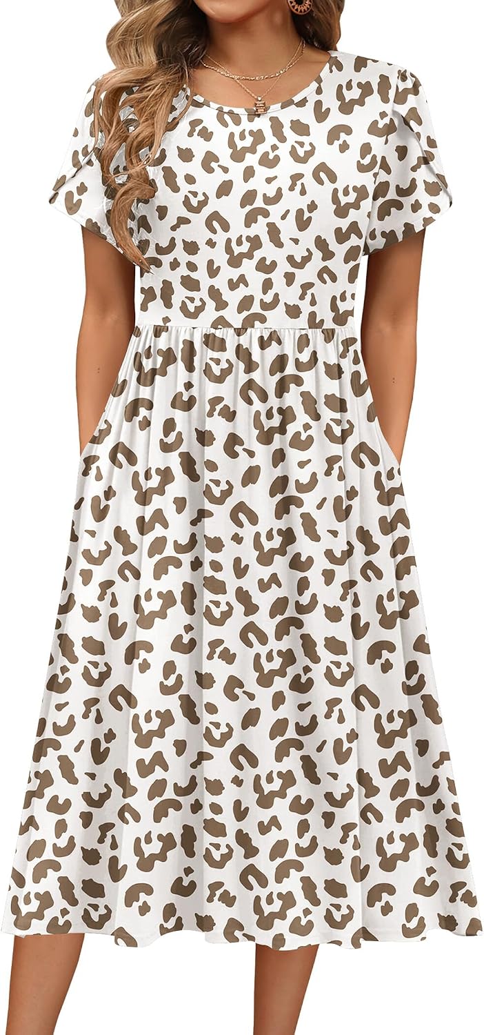 HOTOUCH Women's Summer A-Line Midi Dresses 2026 Casual Floral Short Sleeve T-Shirt Dress Flowy Beach Sundress with Pockets