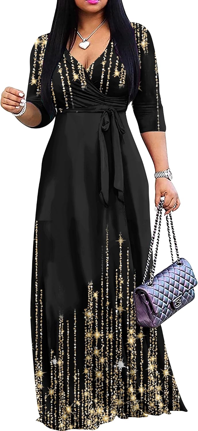 FANDEE Plus Size Maxi Dress for Women - Summer Long Dresses Casual | Women's Curvy Fit Long Dress, Semi\u2011Formal Print Fitted Wrap Dress with Pockets & Belt, 3\/4-Sleeve V-Neck