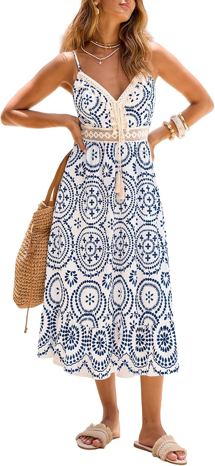 CUPSHE Women Summer Midi Dresses 2026 Boho Sleeveless Sundress | Sleeveless Spaghetti Straps Dress, Tassel, Crochet Lace Waist, Beach Vacation Resort Wear, Daily Casual, Spring, Travel Trip
