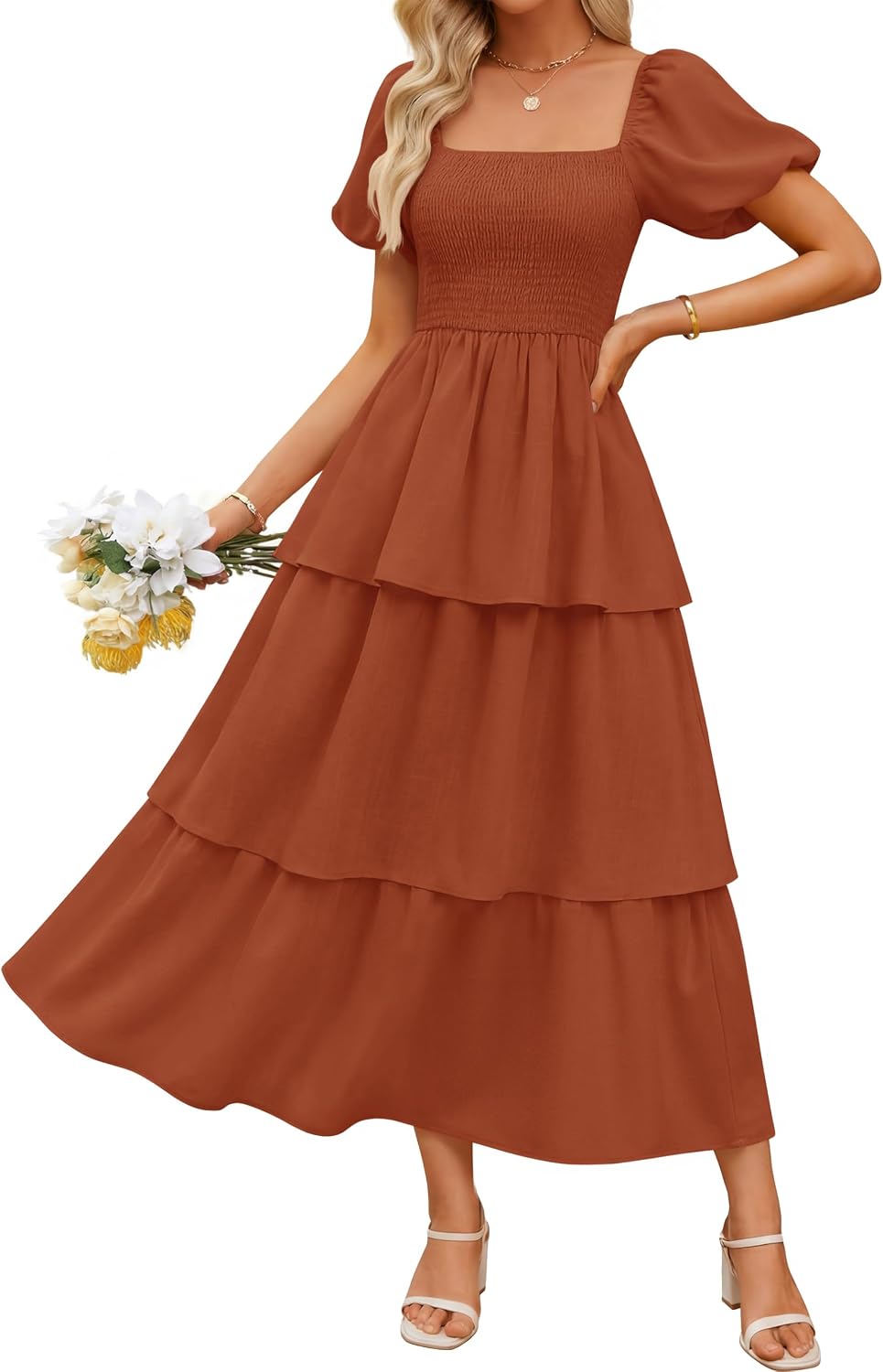 ZESICA Womens Summer Short Puff Sleeve Flowy Tiered Midi Dress | Square Neck, Backless, Swing A Line, High Waist, 2026 Boho Trendy, Dressy Casual Beach Vacation, Wedding Guest Cocktail Party