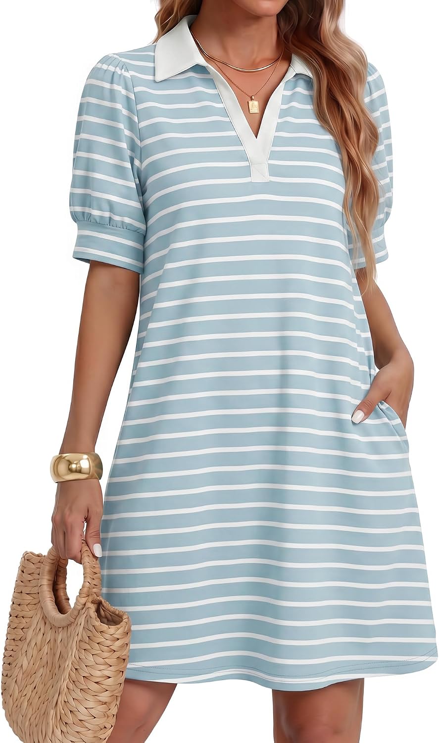 ZESICA Womens Summer Casual Striped T Shirt Mini Dress | Lapel V Neck, Short Sleeve, A-Line, Flowy Dress, Beach Vacation Dress