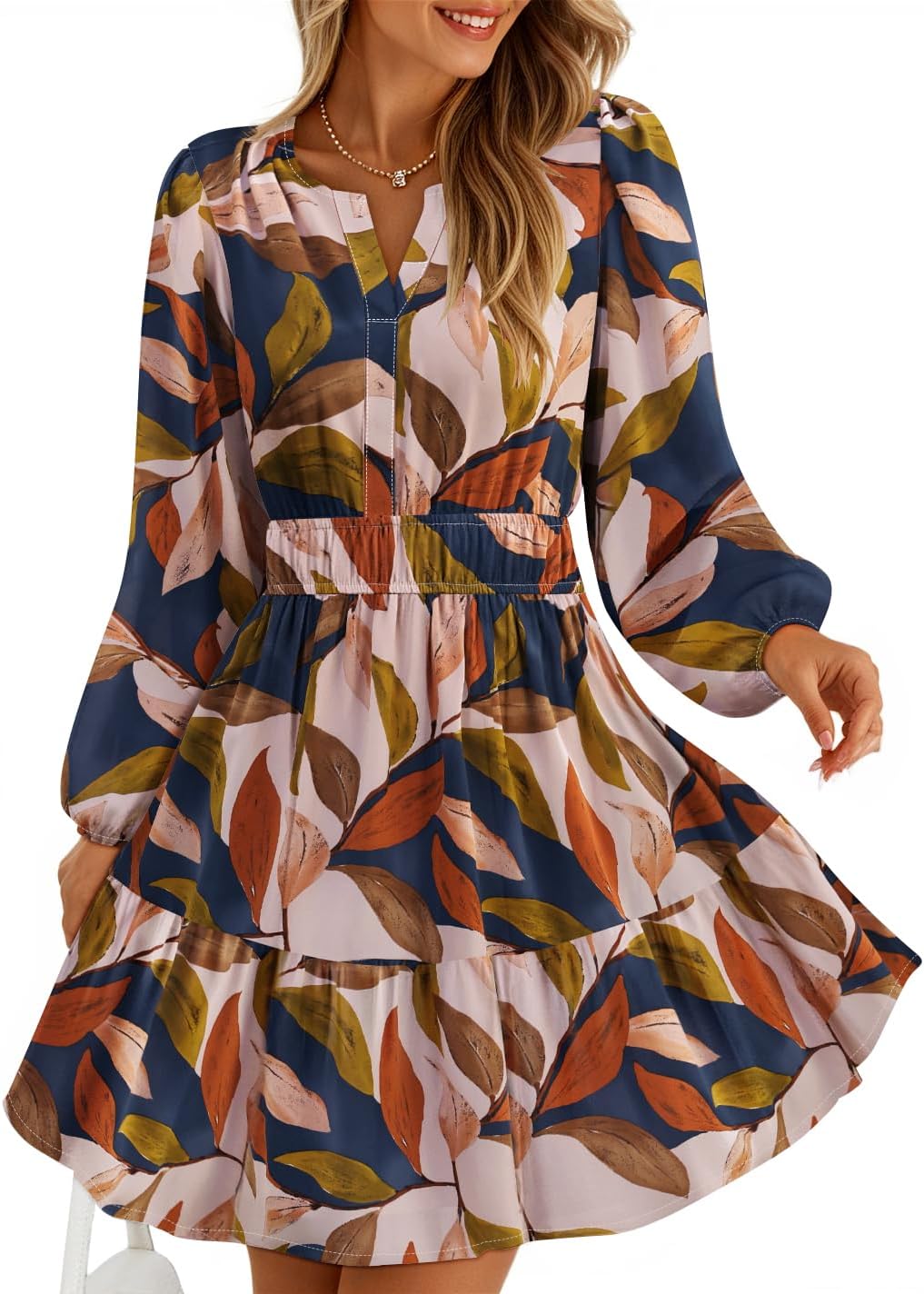 ZESICA Womens Fall Floral Long Sleeve Wedding Guest Mini Dresses | With Pockets, V Neck, A-Line, Ruched Waist, Double Lined, Flowy Short Dress, Going Out Outfits